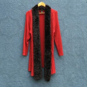 Red Sparkly Cardigan With Black Fluffy Trim 2X